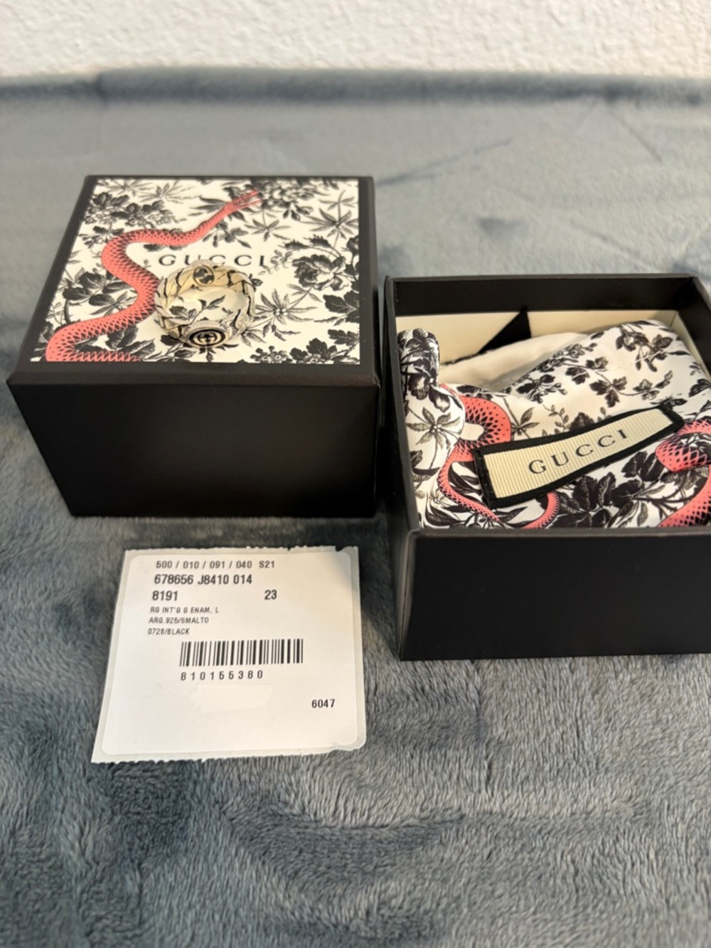 NWT Gucci Interlocking G Gourmette Chain Ring Silver Black Enamel Sz 23 US 10.25 - Picture 7 of 8